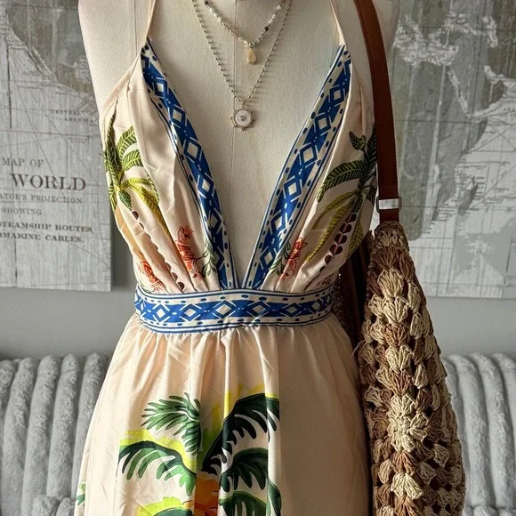 SHEIN Tropical Palm Tree Maxi Dress Halter Neck Resort Wear Size XS - Picture 3 of 7